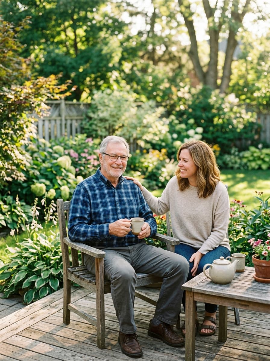 An adult daughter and her father sitting together on a front porch