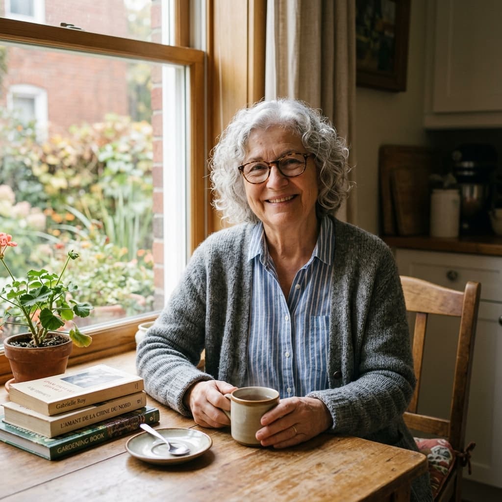 Catherine, a retired librarian, sitting by a window with a cup of tea