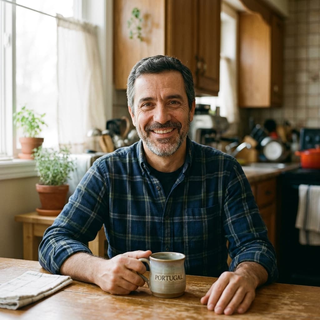 Joseph, a companion in his forties, smiling warmly at home with coffee