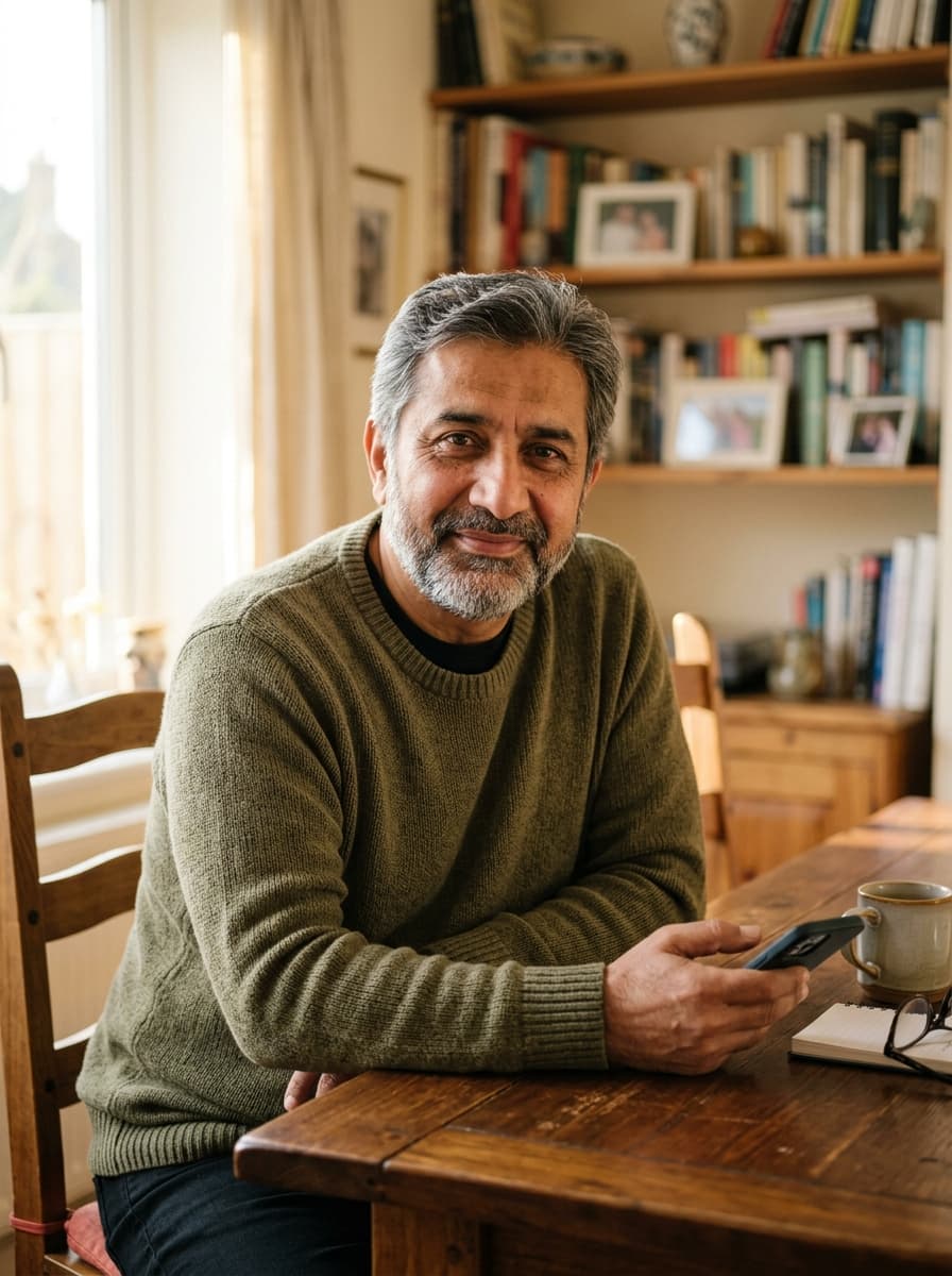 Zain, a companion in his fifties, smiling during a call at home