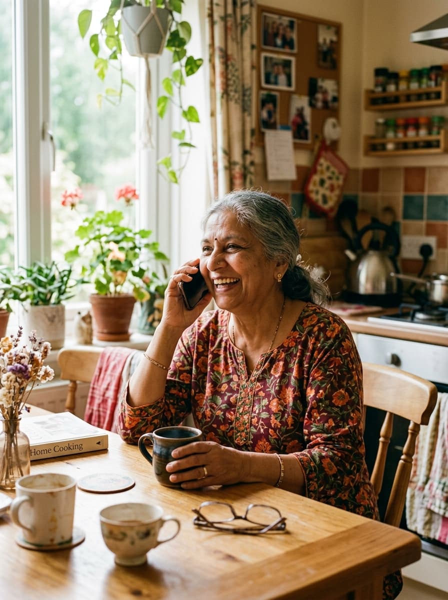 An older woman laughing at her kitchen table while talking on the phone